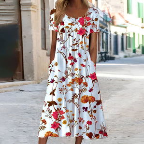 White floral V-neck summer midi dress for women featuring a botanical print, shown in red color and size 3XL, with short sleeves and a fitted waist.