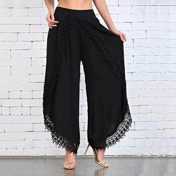White lace palazzo pants in a bohemian summer and bridal style, designed for a 3XL size with a flowy and elegant appearance.