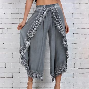 Gray lace palazzo pants in 3XL size, showcasing a bohemian summer and bridal style, featuring intricate lace detailing and a wide-leg design.