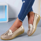 White leather tassel loafers for women in gold, shown in size 44, featuring a comfortable slip-on design for casual wear.