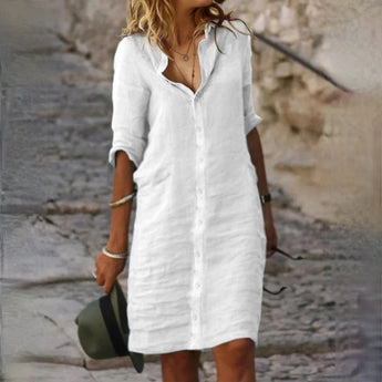 White linen button-down dress, casual summer beach cover-up in size 3XL, featuring a lightweight and breathable design with knee-length hem, short sleeves, and a relaxed fit for comfort.