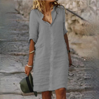 Gray linen button-down dress in size 3XL, designed as a casual summer beach cover-up featuring a collar, long sleeves, and knee-length hem.