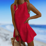 White linen sleeveless dress featuring a ruffled neckline, perfect for beachwear. The dress is shown in the red variant, size 3XL.