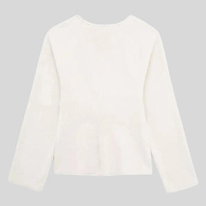 Long sleeve white blouse with a round neck and back button design, suitable for office wear.