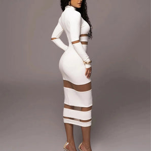 White long sleeve bodycon dress with sheer panel detailing and striped midi design, highlighting shoulder and waistline features.