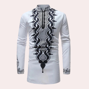 White long-sleeve men's dress shirt with embroidered cuffs and a patterned collar, featuring a visible hand and forearm against a plain background.