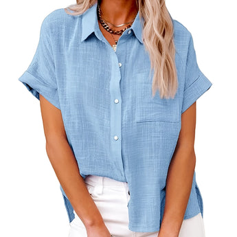 Sky blue loose fit women's summer linen shirt with casual short sleeves in a 5XL size, perfect for a relaxed and airy look.