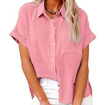 Pink loose fit women's summer linen shirt with short sleeves, suitable for casual wear, featuring a collared neckline and designed in a 5XL size.