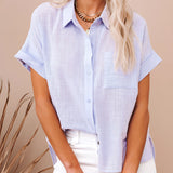 White loose fit women's summer linen shirt with short sleeves, designed for casual wear. The shirt is displayed in size 5XL, showcasing a relaxed fit that emphasizes comfort and fashion. The garment features a classic dress shirt style with a focus on shoulders, arms, and neck area.