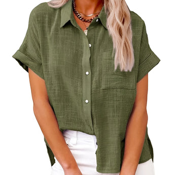 
A green, loose-fit women's summer linen shirt in 5XL size, featuring short sleeves and designed for a casual look.