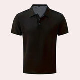 Black men's breathable cotton short sleeve summer polo shirt in size 4XL with a collared neckline and button closure.