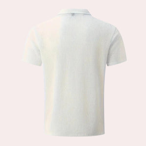White men's breathable cotton short sleeve polo shirt with a classic collar and buttons down the front, suitable for summer wear.