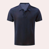 Men's marine blue short sleeve polo shirt in 4XL featuring a breathable cotton fabric, classic collar with buttons, and a comfortable, casual fit suitable for summer wear.
