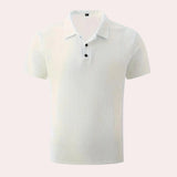 White men's breathable cotton short sleeve summer polo in 4XL size, featuring a classic collar and buttoned front, suitable for casual and semi-formal occasions.