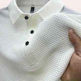 Men's white breathable cotton short sleeve polo shirt with a classic collar, ideal for summer wear.