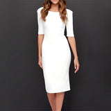 Elegant white midi bodycon pencil dress suitable for office wear, featuring a sheath design, short sleeves, and a tailored waist.