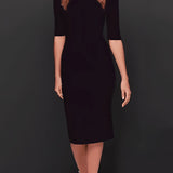 Elegant white midi bodycon pencil dress for office wear with sheath design, showcasing fitted waist, short sleeves, and knee-length hem.