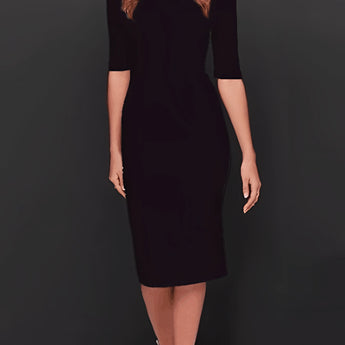 Elegant white midi bodycon pencil dress for office wear with sheath design, showcasing fitted waist, short sleeves, and knee-length hem.