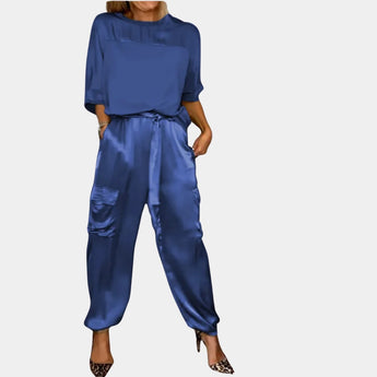 White satin jumpsuit and cargo pants set in blue, featuring a relaxed fit with long sleeves, a stylish collar, and comfortable waist design suitable for women's fashion loungewear in size 2XL.