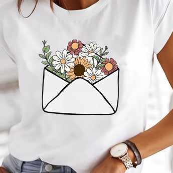 White tee with metallic gradient heart design, featuring a stylish and casual look, flower letter print, 3XL size.
