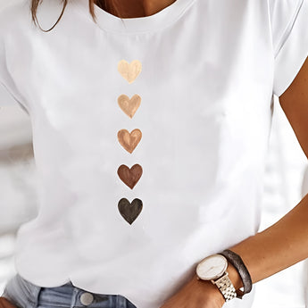 White tee with metallic gradient heart design, displayed on a hanger, showcasing its casual and stylish look in a size 3XL.