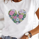 White tee with metallic gradient heart design on the front, worn by a model, showcasing shoulder and arm details, suitable for casual and stylish wear.
