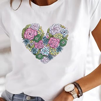 White tee with metallic gradient heart design on the front, worn by a model, showcasing shoulder and arm details, suitable for casual and stylish wear.