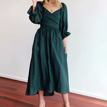 Dark green XL v-neck midi dress with balloon sleeves, showcasing a summer boho chic style, worn by a person.