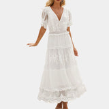 White V-neck midi lace dress with short sleeves, featuring a boho summer style, displayed in XL size.