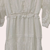 White v-neck midi lace dress with short sleeves, boho summer style, featuring intricate lace embellishments.