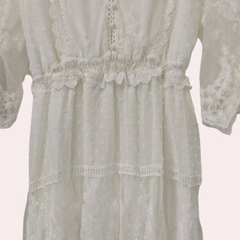White v-neck midi lace dress with short sleeves, boho summer style, featuring intricate lace embellishments.