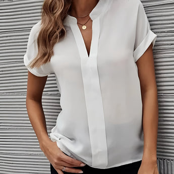 White V-neck short sleeve blouse for women, featuring elegant summer office wear design.