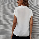 White V-neck short sleeve blouse for women, designed for a stylish and elegant summer office look.