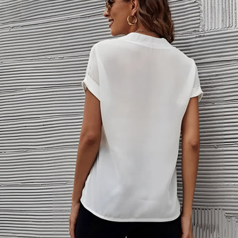 White V-neck short sleeve blouse for women, designed for a stylish and elegant summer office look.