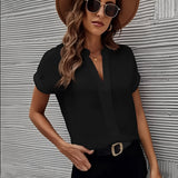 Elegant black short sleeve blouse in size 5XL, featuring a V-neck design suitable for summer office wear.