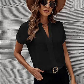 Elegant black short sleeve blouse in size 5XL, featuring a V-neck design suitable for summer office wear.