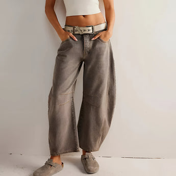 Wide-leg high-waist blue panel jeans in brown, size XL, showcasing urban comfort fit with denim material.
