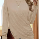 Wine Red Asymmetrical Long Sleeve Wrap Tunic Top for Women in a Cachi color and 2XL size, featuring a stylish fall fashion design with a unique wrap detail, complemented by a pair of jeans, highlighting the shoulder and neck area.