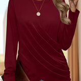 Wine red asymmetrical long sleeve wrap tunic top for women, styled for fall fashion in size 2XL, displayed with a focus on the unique sleeve design and wrap feature.