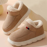 Pair of khaki winter slip-on shoes featuring a fleece lining, insulation, and waterproof material, designed for comfort and outdoor walking.