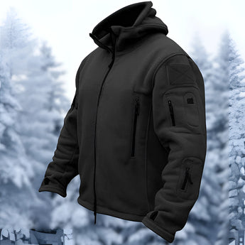 Black winter tactical jacket with a hood, featuring fleece insulation and multiple pockets, designed for cold weather conditions.