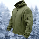 Winter tactical jacket in green, size 2XL, designed as a fleece military hoodie with multiple pockets. The jacket features a high collar and long sleeves, suitable for cold, snowy conditions. The insulated design ensures warmth, making it ideal outerwear for freezing temperatures.