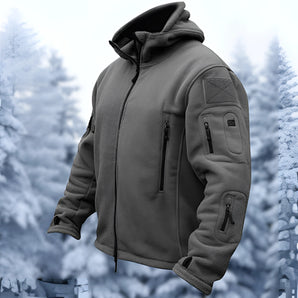 Gray winter tactical jacket in size 2XL, featuring a fleece military hoodie design with insulated material and multiple pockets, suitable for cold weather and outdoor activities.