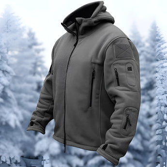 Gray winter tactical jacket in size 2XL, featuring a fleece military hoodie design with insulated material and multiple pockets, suitable for cold weather and outdoor activities.