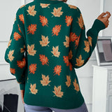 Women's crew neck sweater featuring an autumn leaf pattern in white and green tones, showcasing long sleeves and a comfortable fit, perfect for cozy fall fashion.