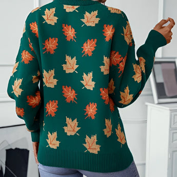 Women's crew neck sweater featuring an autumn leaf pattern in white and green tones, showcasing long sleeves and a comfortable fit, perfect for cozy fall fashion.