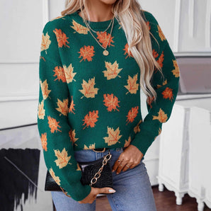 Women's sweater with an autumn leaf pattern, featuring a crew neck and long sleeves, designed for cozy fall fashion.