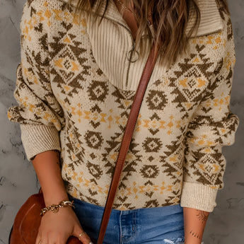 Women's Aztec Quarter Zip Geometric Knit Sweater in a cozy boho style, featuring a geometric pattern with a warm orange hue. The pullover design includes a quarter zip neckline, long sleeves, and a comfortable fit, ideal for casual outerwear.