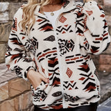 Women's fleece jacket with an Aztec tribal pattern in black and white, featuring a bohemian style design, displayed on a mannequin or model showcasing the shoulders, neck, and sleeves.