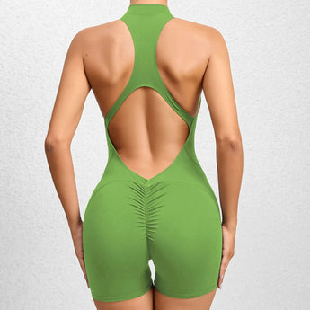 Women's yellow-green backless seamless racerback bodysuit in XL size, showcasing its compression fit and sleeveless design.